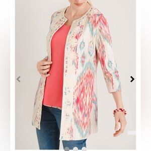 Chico’s linen topper soutache ikat print 3/4 sleeve jacket in flame scarlet 8